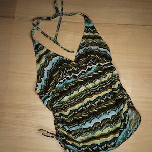 Christina Womens Teal Green Stretchy Halter Tankini Top Small